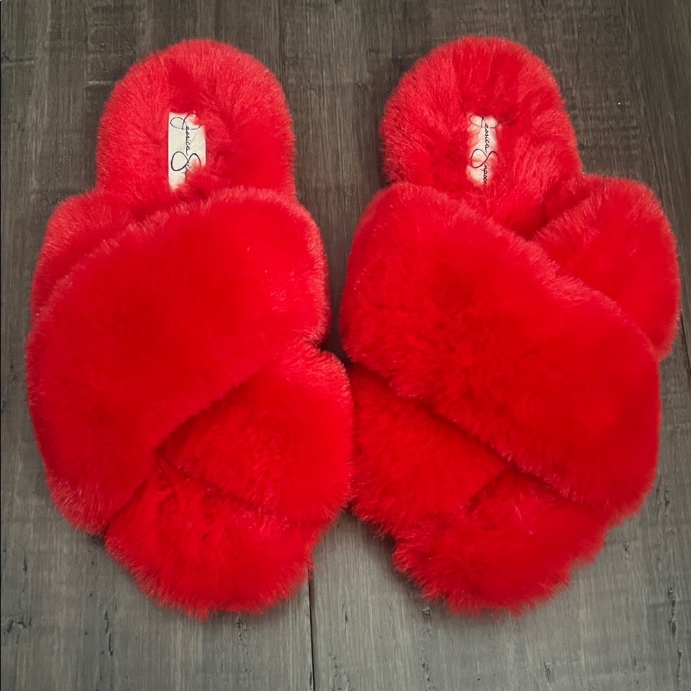Jessica Simpson Cozy Red Faux Fur Slippers